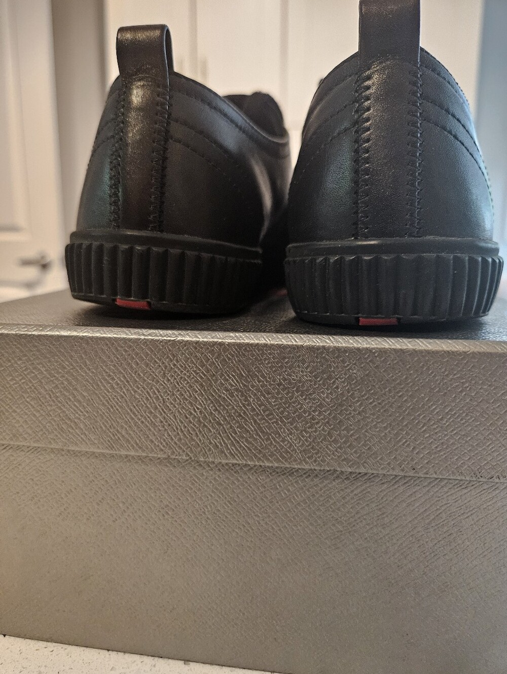 Prada Women Black Leather Sneakers with Red Logo Tongue - Picture 8 of 8